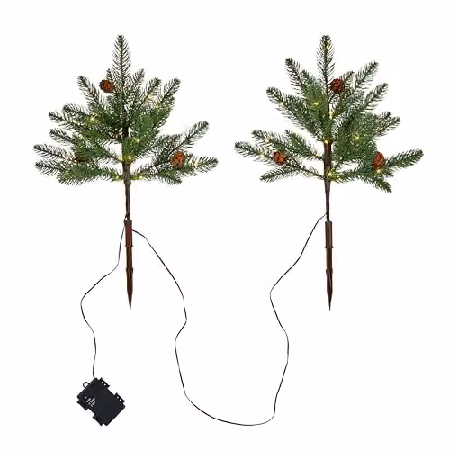 Lights4fun Set of 2 Outdoor Christmas Tree Stake Lights with 50 Warm White LEDs, Battery Operated with Timer, White and Green – 2