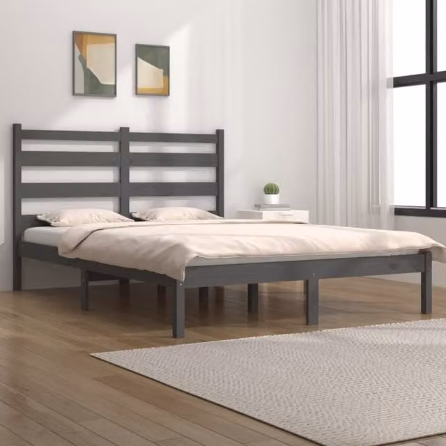 Berkfield Home Grey Solid Pine Wood Bed Frame W/D/H: 200 x 200 cm