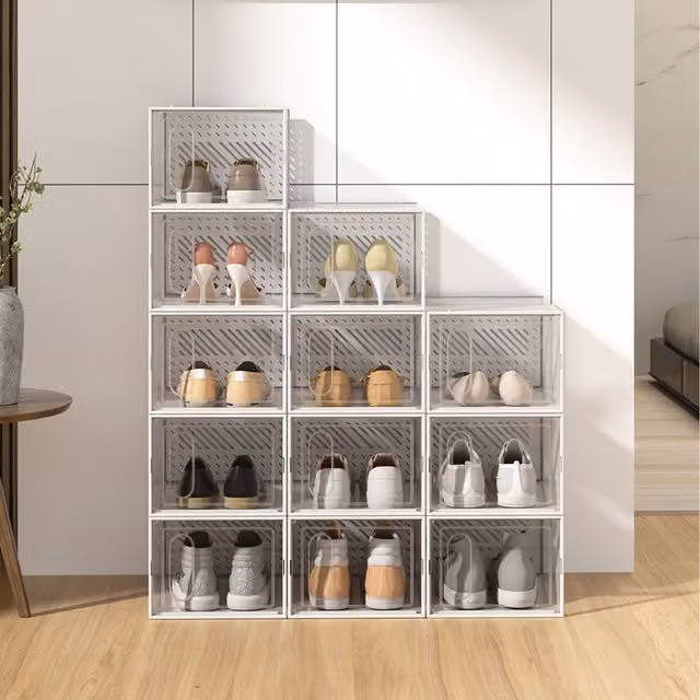 Lifeideas Set of 12 Stackable Slatted Plastic Shoe Storage Boxes with Handles, White and Transparent