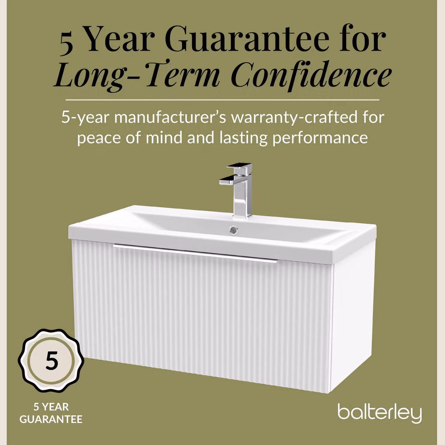 Balterley Fluted Wall Hung 1 Drawer Vanity Basin Unit and Basin, Satin White, Width: 80 cm – 2
