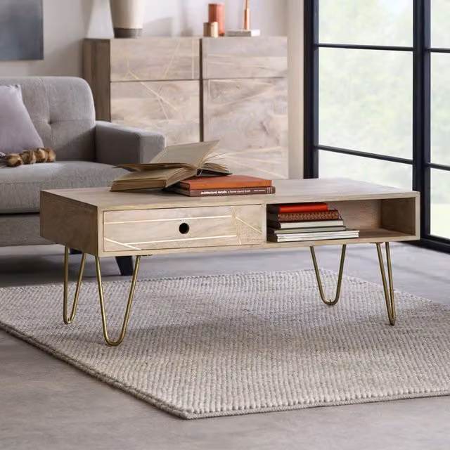 IH Design Mid-Century Rectangular Mango Wood Coffee Table in Gold and Brown