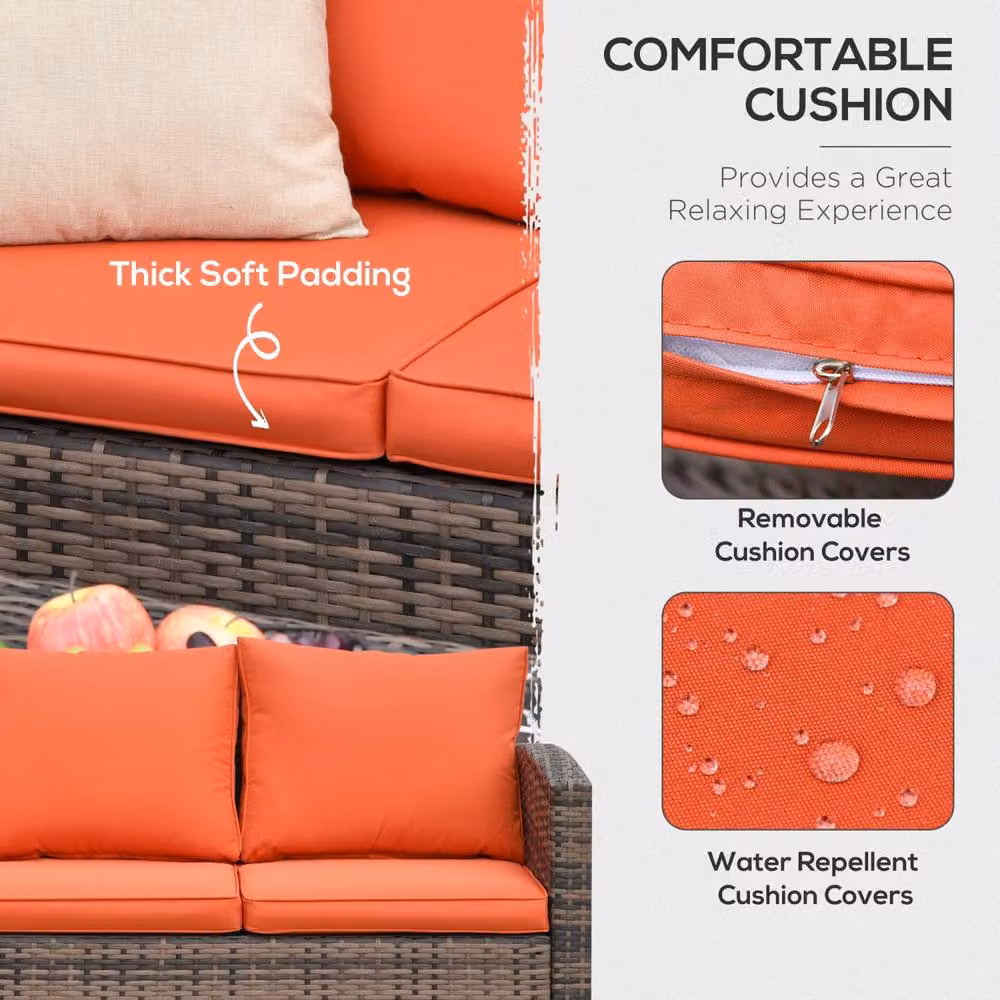 Wyld Haus Toleli 7 Seater Rattan Outdoor Sofa Set with Storage Tables in Brown and Orange – 5