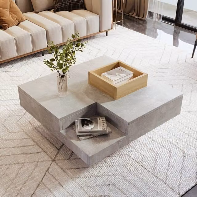 STILVORA Modern Square Coffee Table with Removable Storage Box in Concrete Grey, W/D/H: 72 x 72 x 30 cm – 1