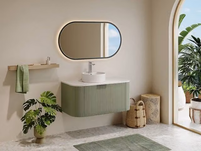 Vente-unique Striped Matt Green Wall-Hung Bathroom Vanity Unit with Countertop Basin and LED Lighting