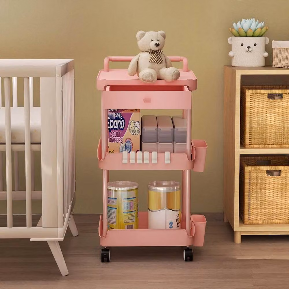 Kelvenix 3 Tier Storage Trolley Cart on Wheels in Pink – 3