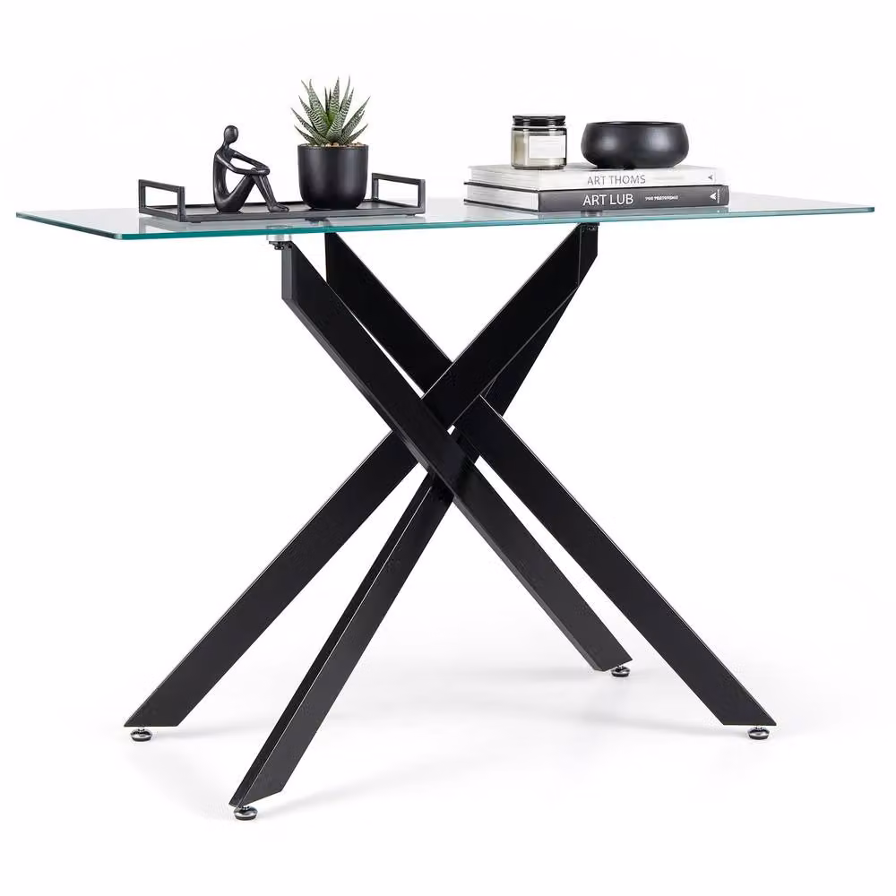 Costway Modern Glass Console Table with Black X-Frame and Clear Tempered Glass Top, Width: 115 cm – 2