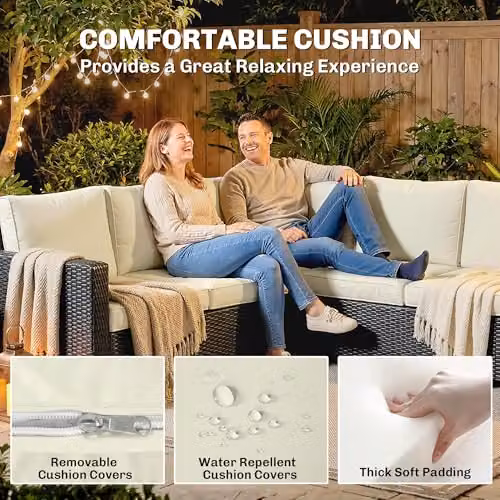 Outsunny 7 Piece Beige Rattan Garden Furniture Set with U-Shape Sofa, Ottoman, Coffee Table and Removable Cushions – 4