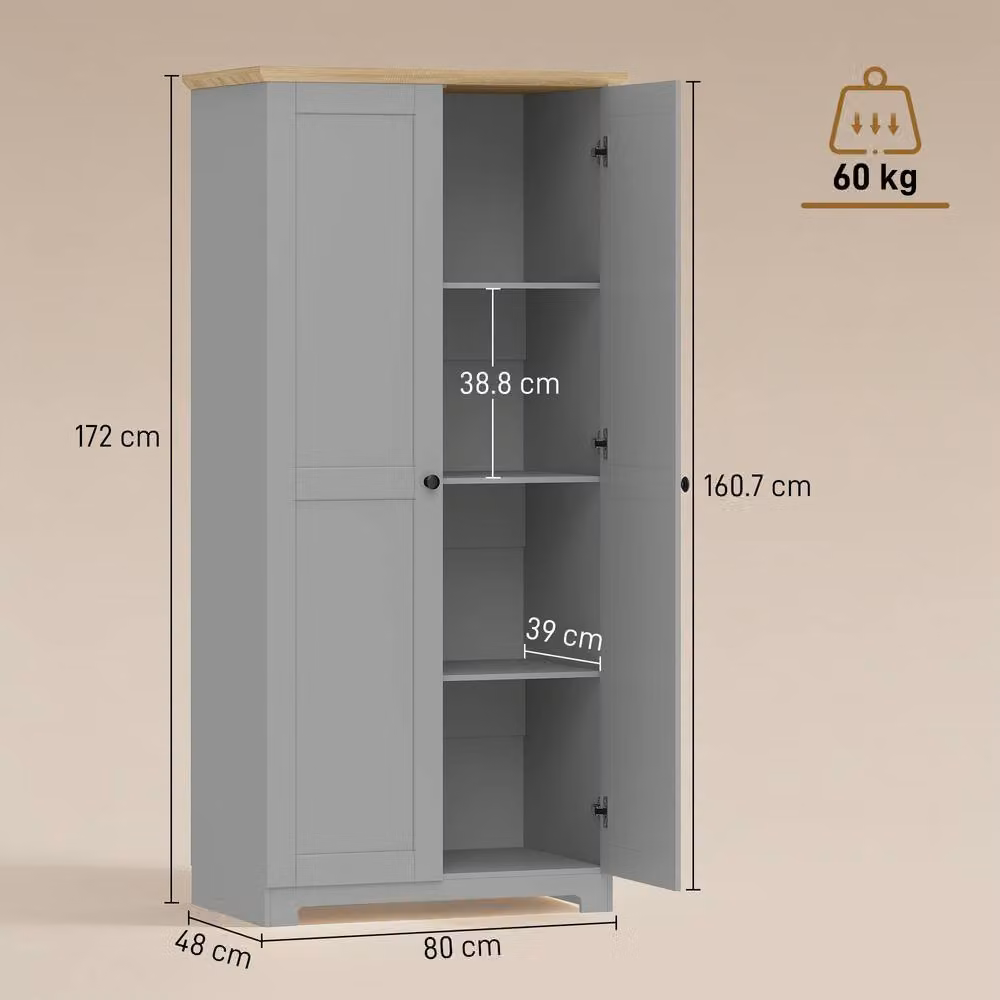 HOMCOM Modern Grey Freestanding Tall Kitchen Storage Cabinet with 2 Hinged Doors and Internal Shelves, H 172 x W 80 x D 47 cm – 3