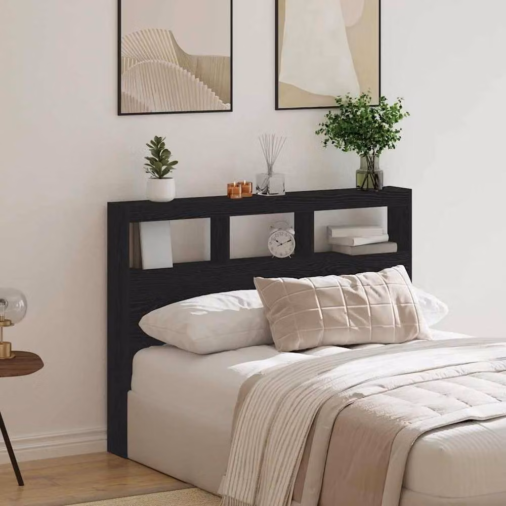 Berkfield Home Modern Headboard Cabinet with LED Lighting and USB Charging Port in Black Oak, W/D/H: 140 x 17 x 102 cm – 4
