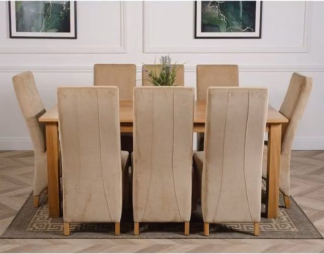 Thats Furniture Oslo Oak Dining Table and 8 Lola Fabric Chairs in Beige and Grey, W: 180 cm, D: 90 cm