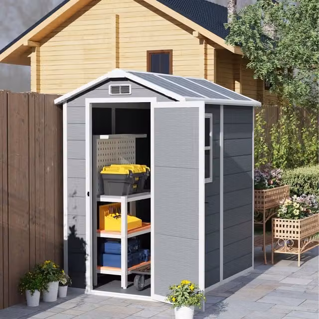 Outsunny Grey Plastic Garden Shed with Floor, Window and Lockable Door