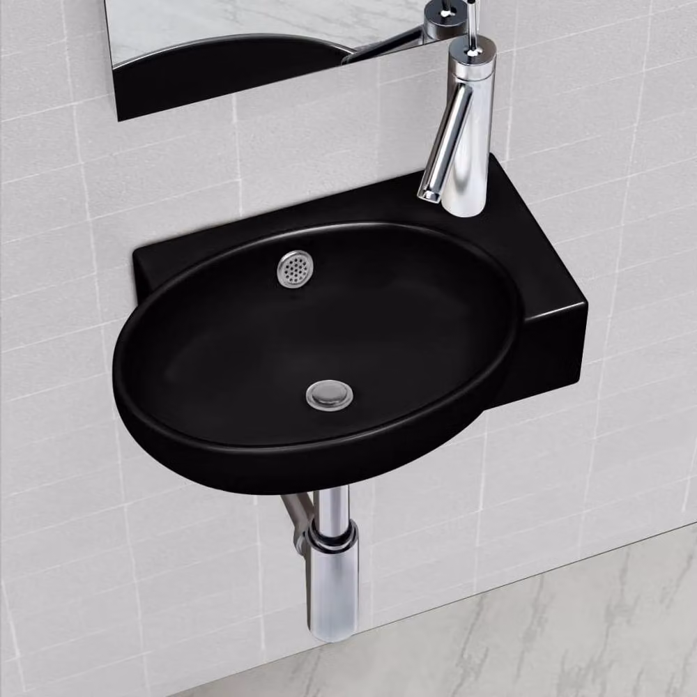 Berkfield Home Elegant Round Ceramic Wall Hung Bathroom Sink Basin in Black with Overflow, W: 41.0 cm, D: 28.0 cm, H: 12.5 cm – 2