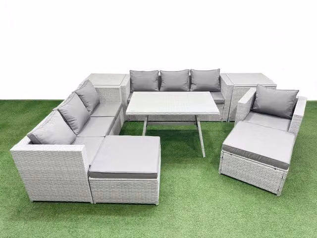 Fimous 9-Seater Patio Furniture Set in Light Grey featuring 3-Seater Sofa, Armchairs, 2 Side Tables and 2 Stools