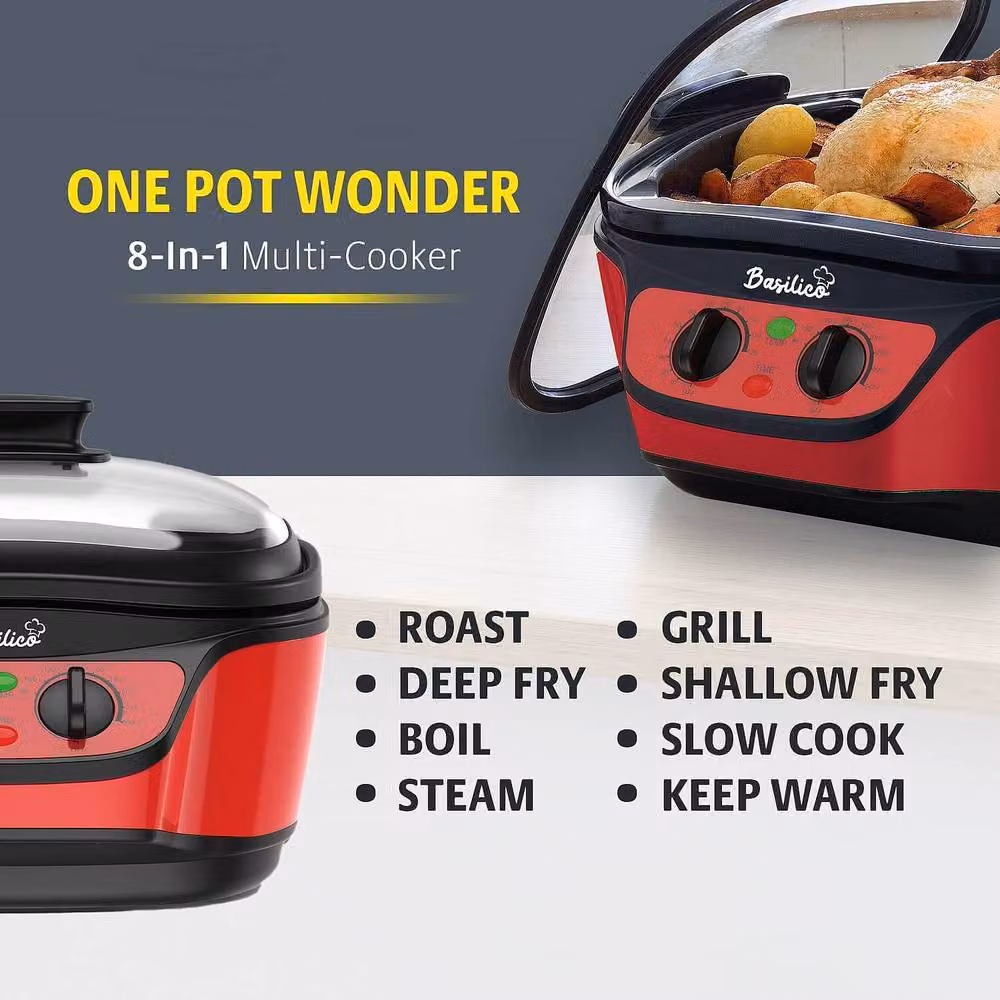 Basilico One-Pot Wonder 8-in-1 Multicooker with 5L Non-Stick Bowl and Glass Lid, Red – 4