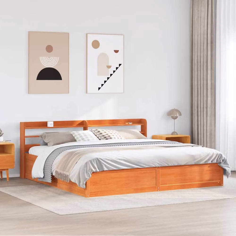 Berkfield Home Rustic Solid Wood Pine Bed Frame with Headboard and Side Compartments, Wax Brown, 200 x 200 cm – 3