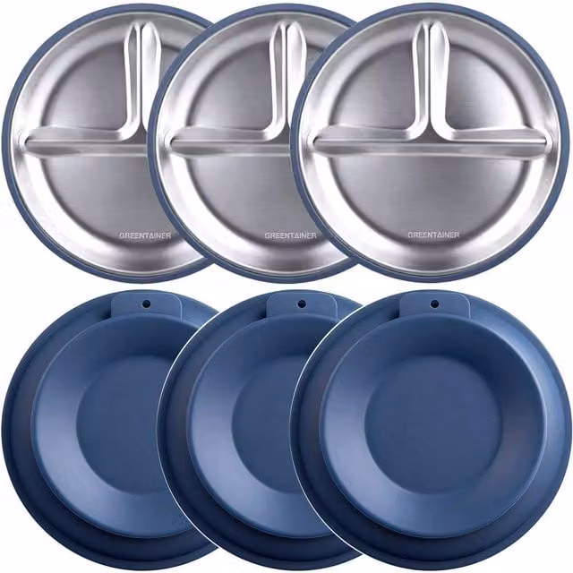 Greentainer 3-Piece Blue Stainless Steel Divided Plate Set with Silicone Suction Base