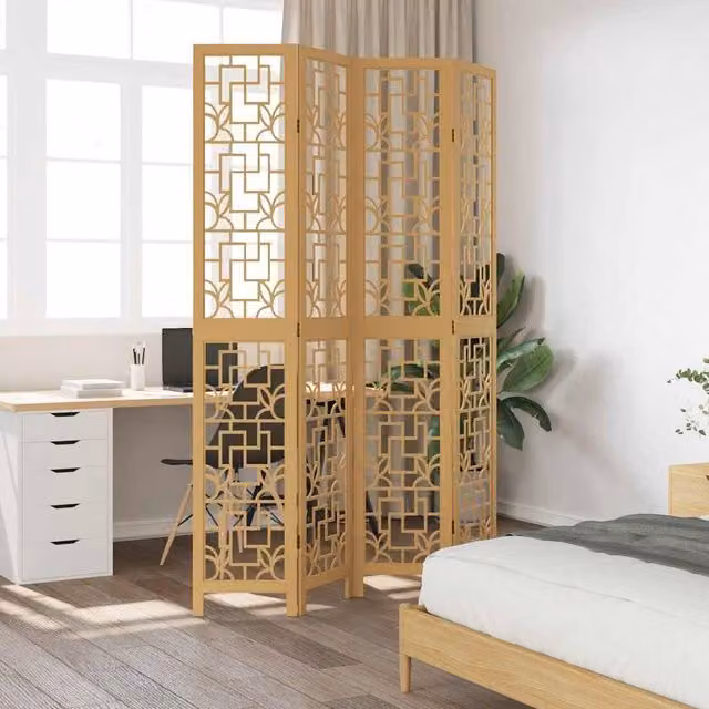 Berkfield Home 4-Panel Geometric Room Divider in Light Tan Paulownia Wood – 1