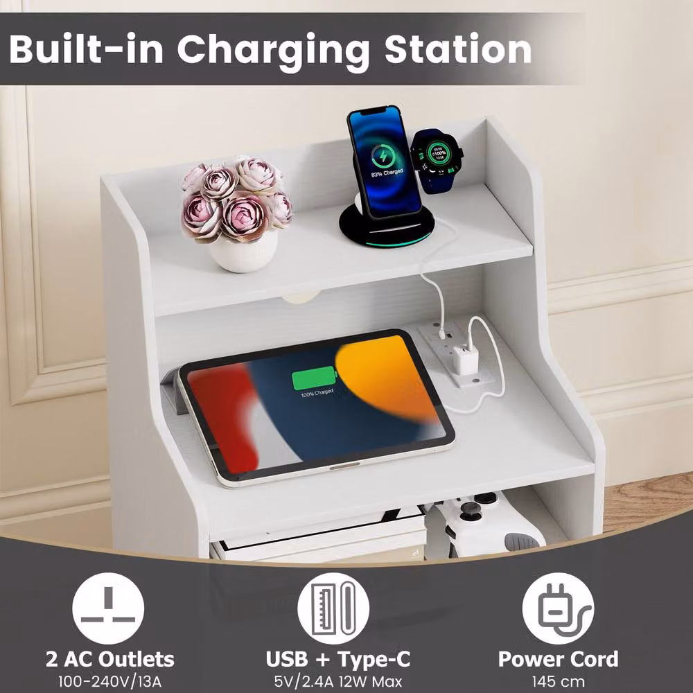Gymax Modern White LED Nightstand with 2 Drawers, Charging Station and Open Shelf – 3