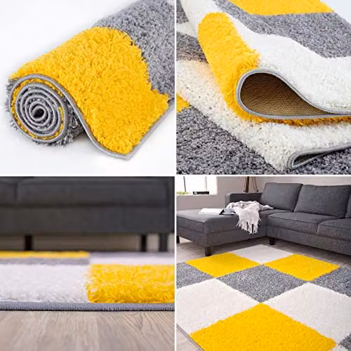 THE RUGS Modern Checked Shaggy Area Rug in Yellow and Grey, W/D/H: 170 x 120 x 3 cm – 3