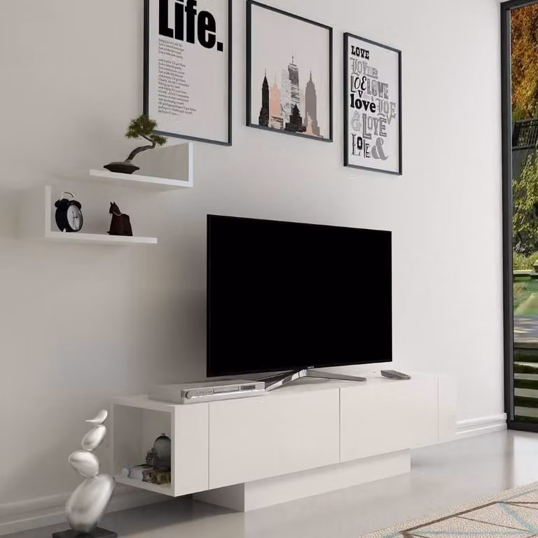 CALICOSY Matera Wall Mounted TV Unit with 2 Hinged Doors in White, W: 150 cm, D: 41.6 cm, H: 31.5 cm