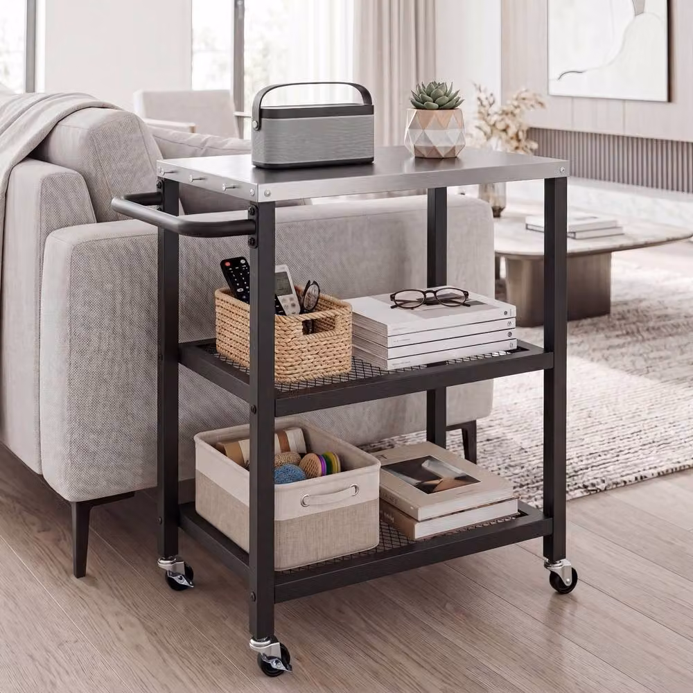 Costway 3-Tier Rolling Metal Kitchen and Garden Utility Cart with 6 Hanging Posts in Black – 5