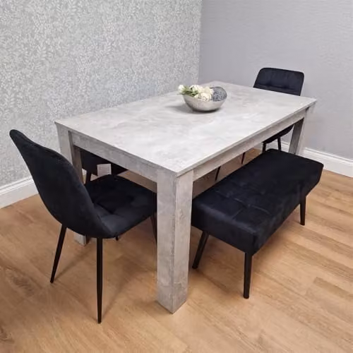 Kosy Koala Modern Rectangular Dining Set with Grey Table, 2 Black Velvet Chairs and 2 Padded Benches