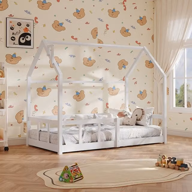 Kidkid Childrens Pine Wood Bed Frame with House Design in White