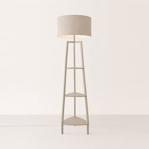 ValueLights Hiru Shelf Tripod Floor Lamp with Beige Boucle Shade and Wood Base, H 155 cm x W 45 cm x D 45 cm – 2