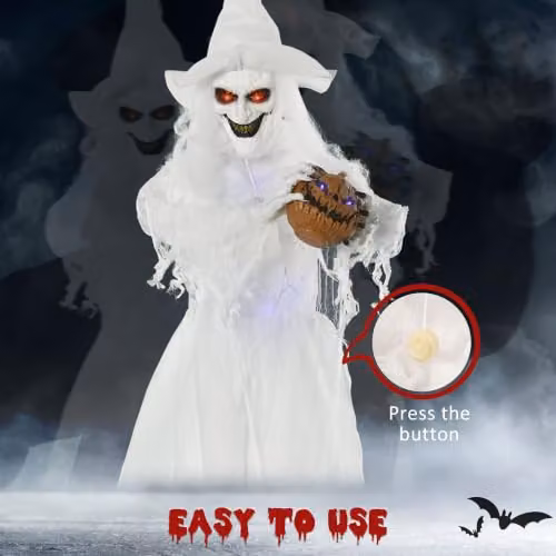 Outsunny 74 Inch White Witch Halloween Decoration with Light Up Eyes and Body holding a Pumpkin Head – 5