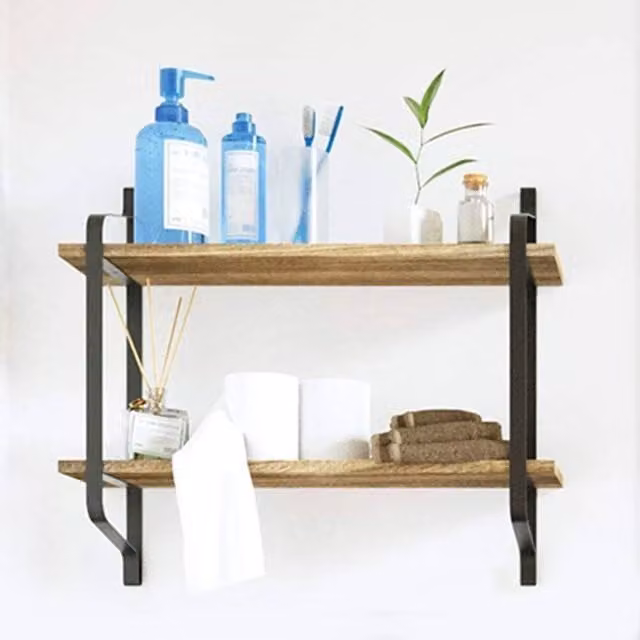 KORVIXA 2 Tier Industrial Metal and Wood Wall Mounted Floating Shelf in Brown and Black, Width: 100 cm