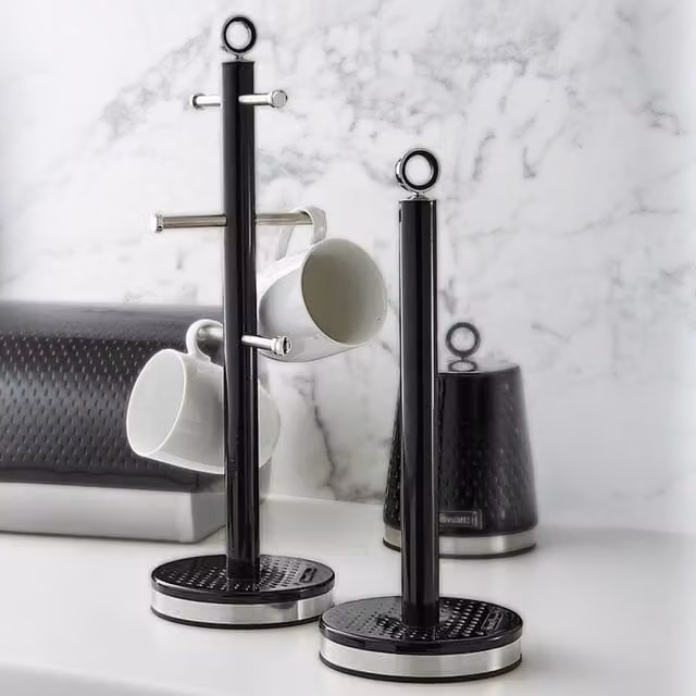 Swan Freestanding Metal Towel Pole and Mug Tree Set in Black