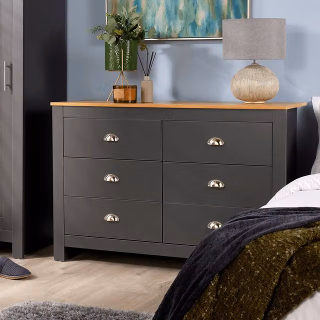 Home Source 6 Drawer Wooden Chest of Drawers with Soft Close Drawers in Dark Grey – 1