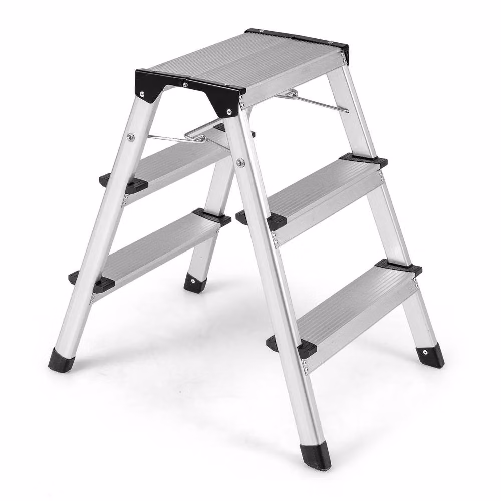 Costway Dual-Sided 3 Step Aluminium Folding Ladder in Silver – 2