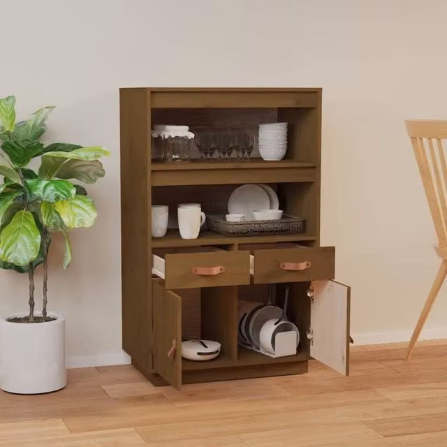 Berkfield Home Rustic Highboard in Honey Brown Solid Pine, W: 67 cm, D: 40 cm, H: 108.5 cm