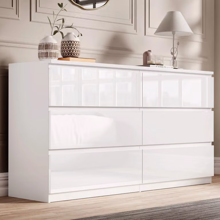 DHS High Gloss 6 Drawer Chest of Drawers in White, W/D/H: 120 x 40 x 77 cm
