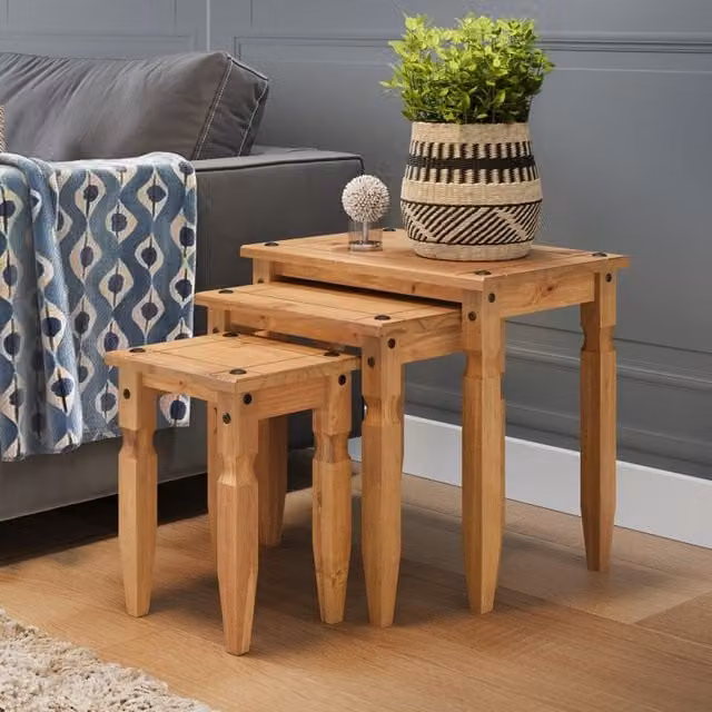 Mercers Furniture Corona Piccolo Nest of 3 Tables in Brown Antique Waxed Pine – 1