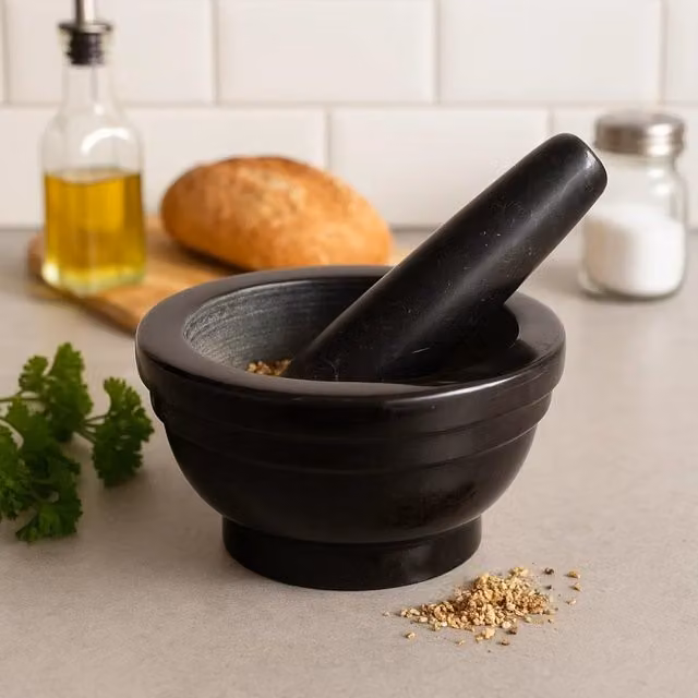 Orsina Brown and Black Marble Mortar and Pestle with Non-Slip Base
