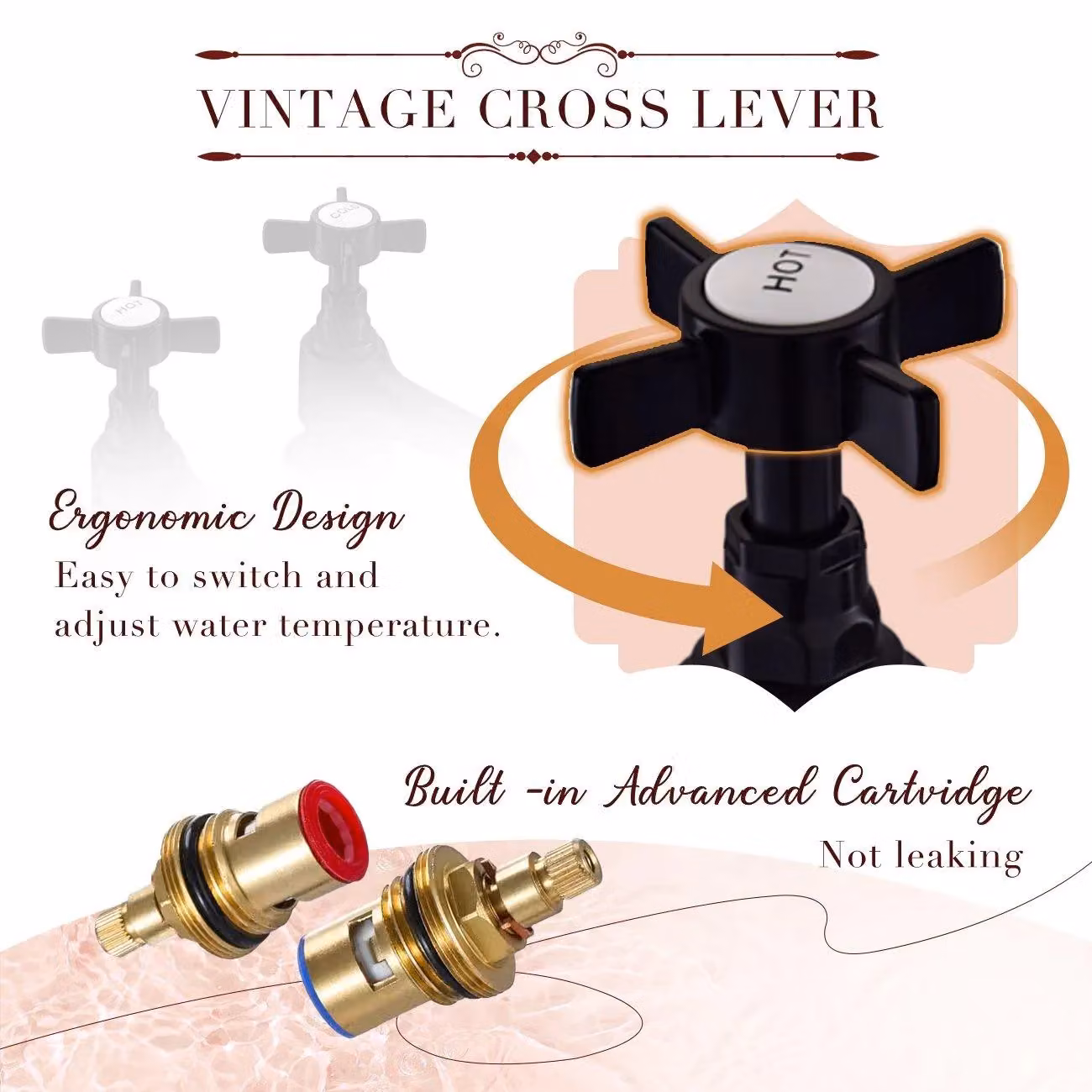 BATHWEST Pair of Matte Black Brass Basin Pillar Taps with Cross Head Handles – 4