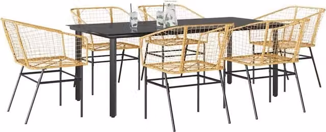 Berkfield Home 7 Piece Brown Poly Rattan Garden Dining Set with Glass Table