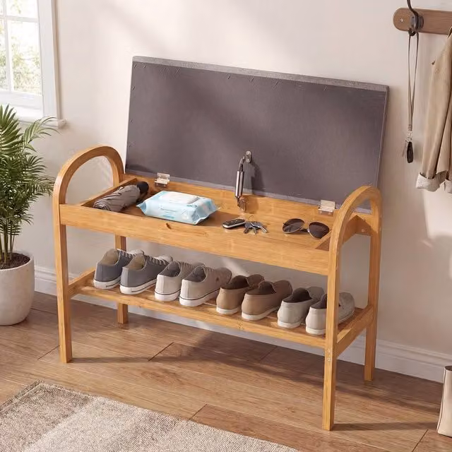 Gymax 2-Tier Padded Shoe Bench and Organizer with Lid in Grey – 1