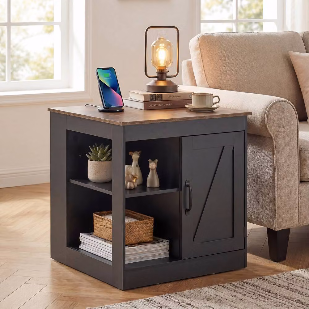 Costway Farmhouse Wooden Nightstand with Charging Station and Media Compartments in Black – 3
