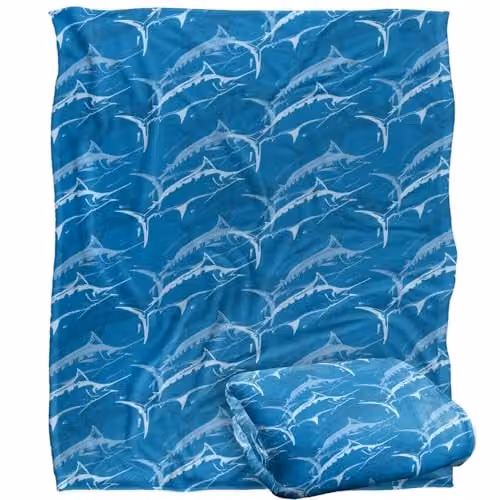JQ Licensing Marlin Mosaic Fishing Pattern Super Soft Fleece Throw Blanket, White, W/D/H: 152 x 127 cm