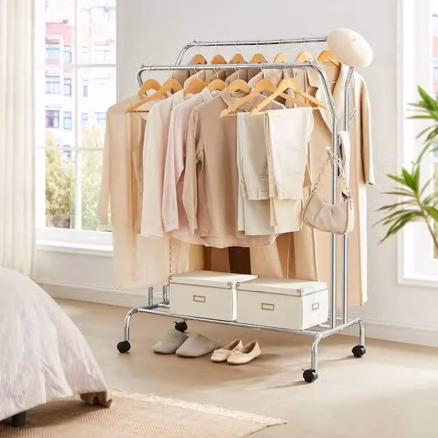 SONGMICS Heavy Duty Double Clothes Rail with Shelf and Wheels in Silver