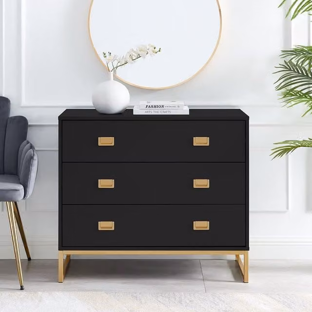 Melody Maison Elle Black Large 3 Drawer Chest of Drawers with Gold Accents – 1