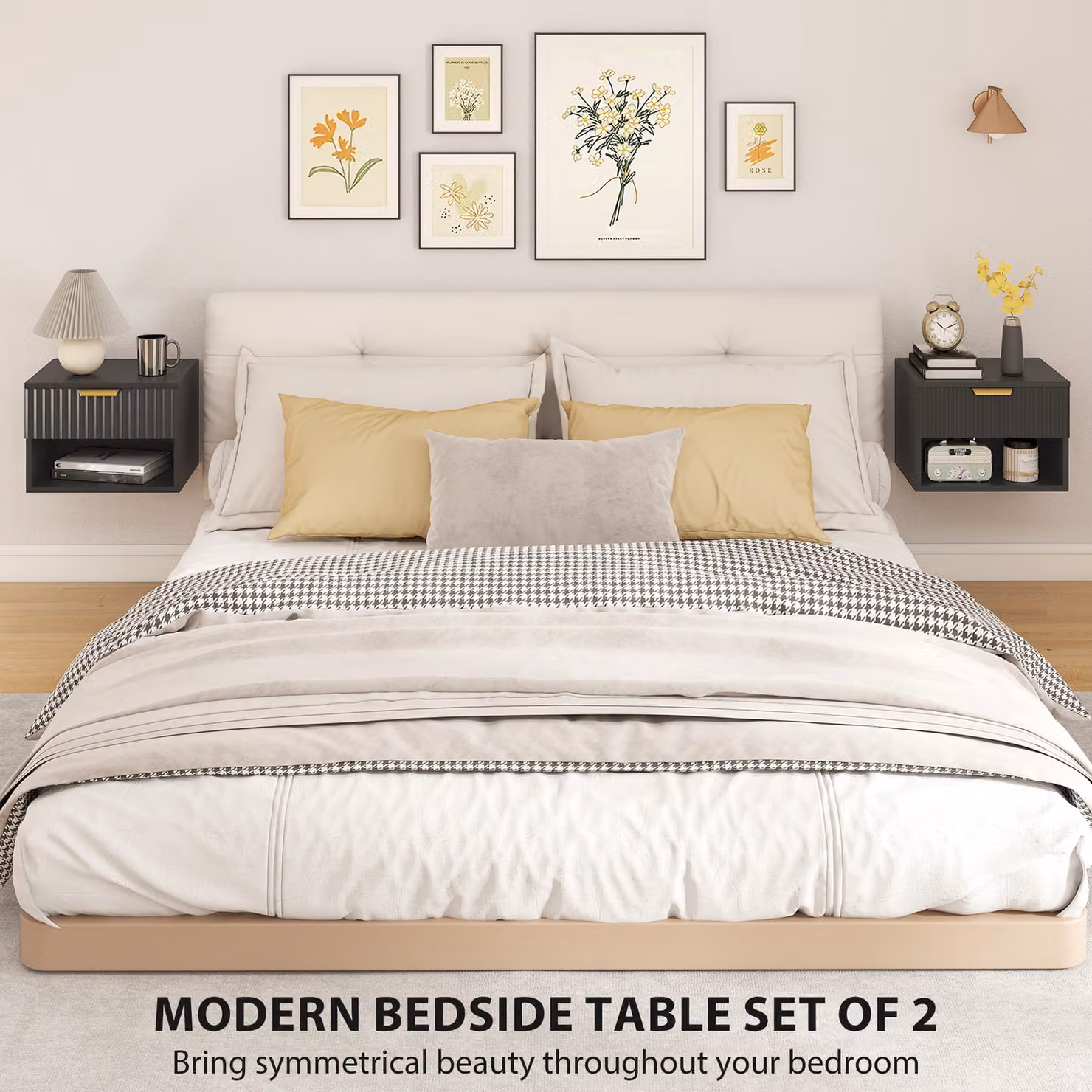 HOMCOM Set of 2 Modern Wall Mounted Floating Nightstands in Matt Black and Gold with Soft Close Drawers – 4