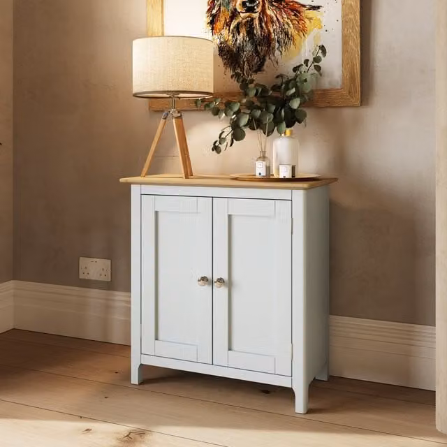 FWStyle Oak 2 Door Compact Sideboard with Metal Knob Handles in Linen Cream