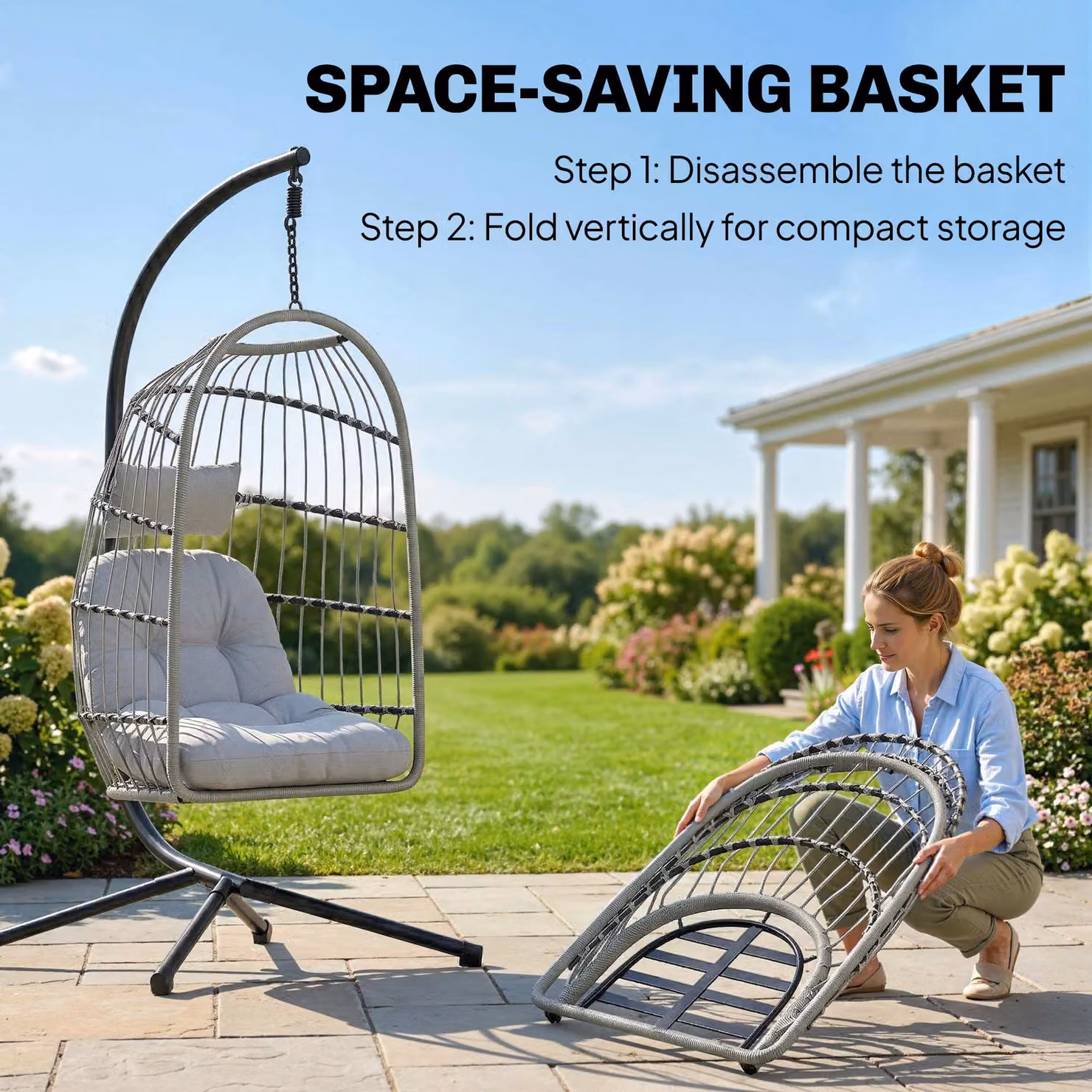Outsunny Hanging Egg Chair with Stand and Cushions, Light Grey Indoor Outdoor Hammock Swing Chair – 4
