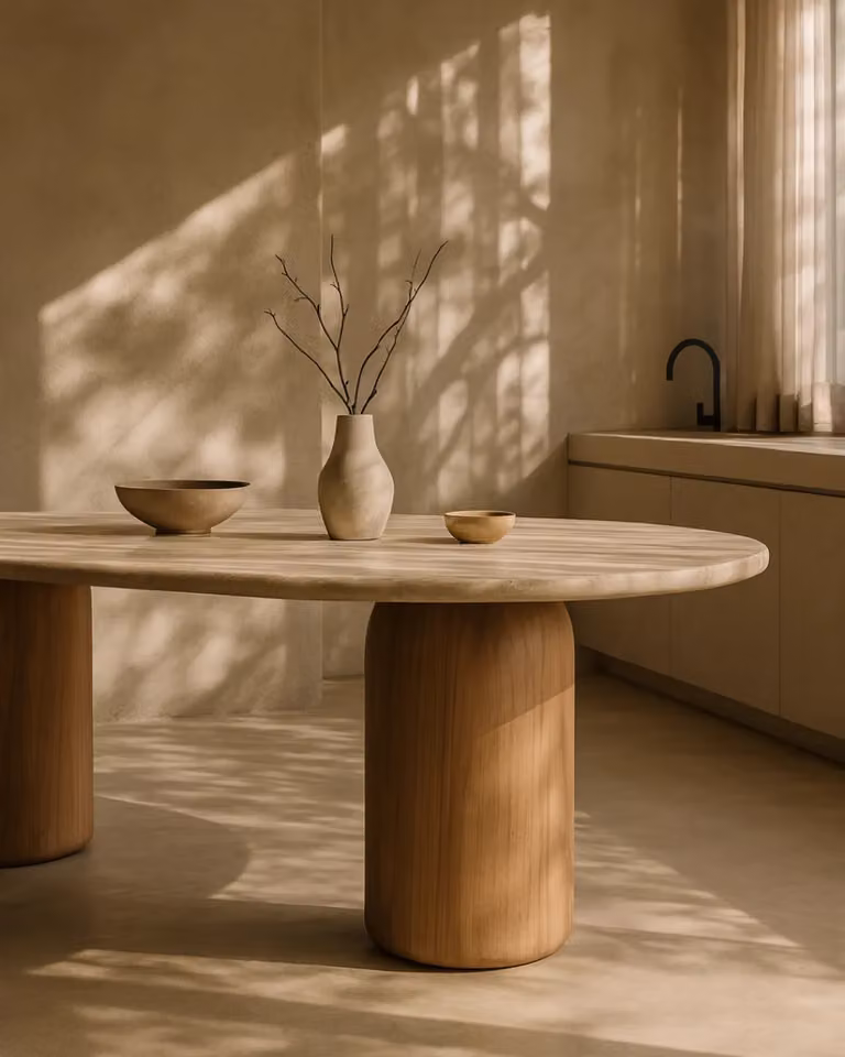 Basilca Dining Table by Tommy Franks in Walnut and Travertine, W/D/H: 270 x 120 x 74 cm
