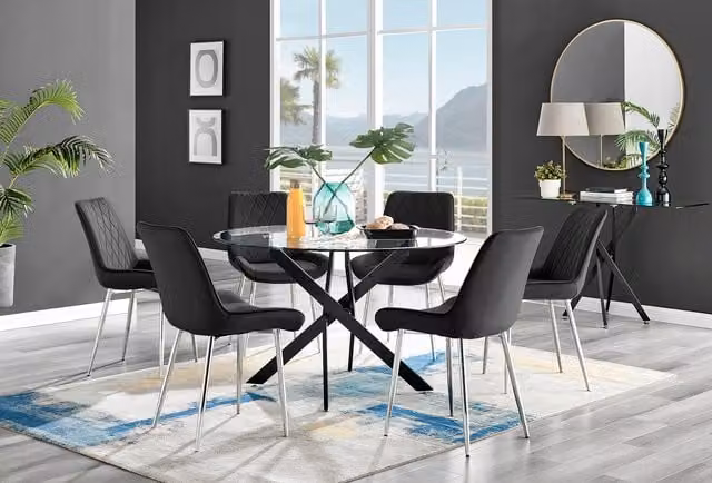 FurnitureboxUK Novara Round Glass Dining Table with 6 Pesaro Silver Chairs, Black and Silver