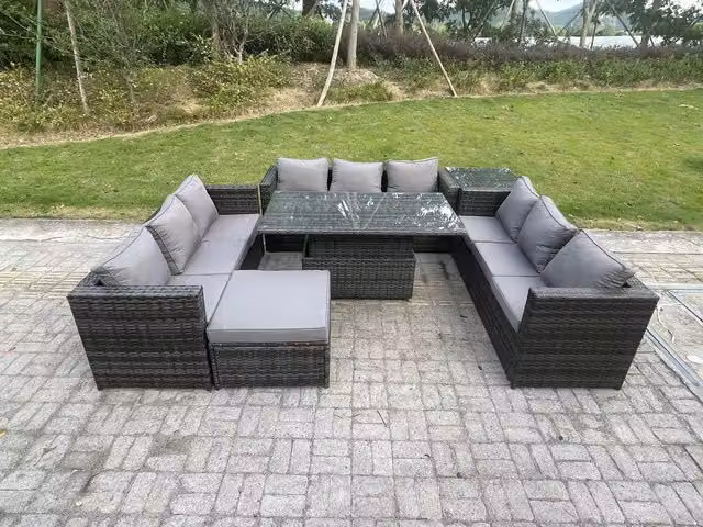 Fimous Dark Grey Rattan Garden Furniture Set with Adjustable Height Dining Table and Side Table